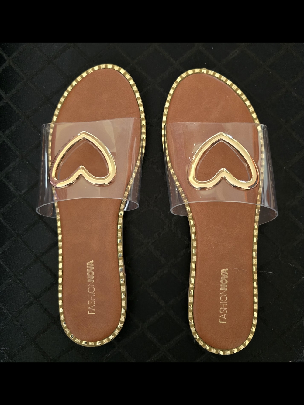 Fashion Nova Tan Clear Slide Sandals with Gold Heart Detail